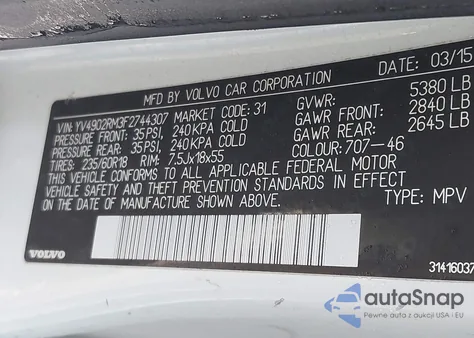 2015 Volvo Xc60 T6 Platinum from USA, damaged, VIN YV4902RM3F2744307